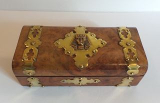 19th C.  Burl Wood Sewing Box,  Brass Studs & Banding With Pharoah Medallion