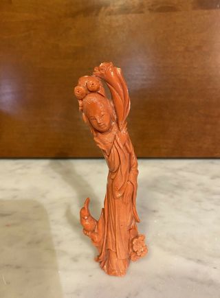 Chinese Coral Carved Figure Guan Yin,  Goddess Of Mercy,  Flowers In Hand & Bird