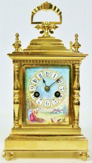 Sweet Antique French 8 Day Bronze Ormolu & Sevres Porcelain Cube Carriage Clock