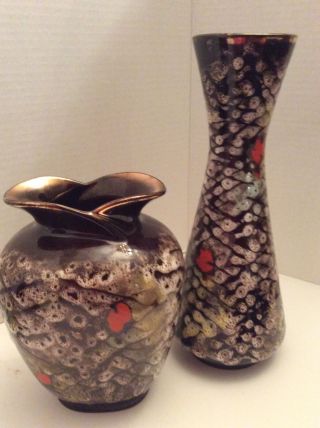 Vintage West German Pottery Vases 7 " & 10 " Brown Gold Fat Lava Glazed Numbered