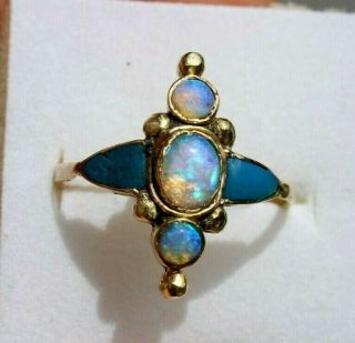 Antique Art Nouveau Ring.  15 - 18ct Gold Natural Fiery Opals & Turquoise.  Size Q