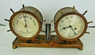 Waterbury Vintage Ships Bell Clock & Barometer Set Ships Wheel Trim - 1929