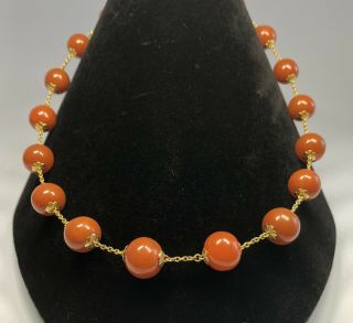 Antique 1920s Chinese 14k Gold And Carnelian Beads Necklace Signed 18 "