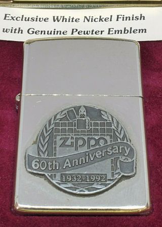 Vintage 1932 1992 Zippo Lighter 60th Anniversary Htf White Nickel Finish