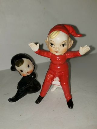 2 Vintage Japan Porcelain Pixie Elves Red And Black Some Repairs Faces