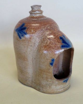 Rare Antique American Stoneware Chicken Waterer With Cobalt Decoration