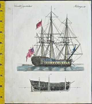 Large Warship Of The 18th Cent,  W/up To 110 Canons,  Bertuch,  Bilder.  Handc.  Eng.  1792