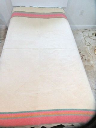 Vintage Ivory Wool Twin Camp Blanket Pink Stripes Whip Stitched Ends 64 " X 81 "