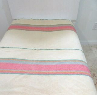 Vintage Ivory Wool Twin Camp Blanket Pink Stripes Whip Stitched Ends 64 