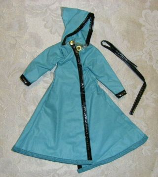 Vintage Barbie Doll Clone Teal Green W/black Trim Rain Coat Belt Lilli Uneeda Sz
