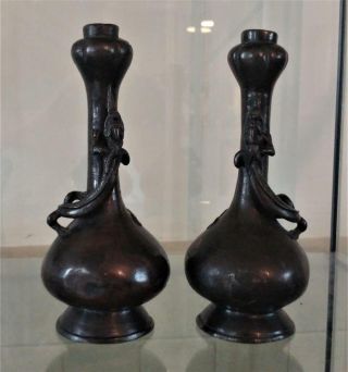 Rare Chinese Ming Bronze 16th - 17th C Garlic Mouthed Vases With Lizards
