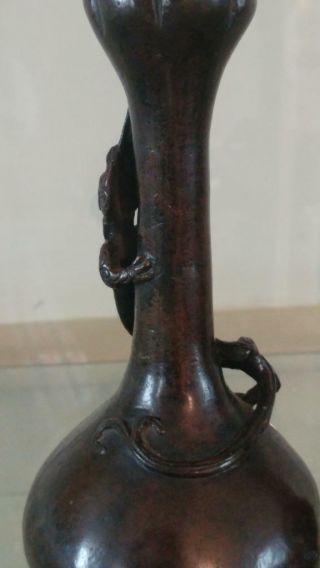 Rare Chinese Ming Bronze 16th - 17th C Garlic Mouthed Vases with Lizards 3