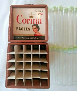Corina Eagles Wooden Cigar Box,  13 Glass Cigar Tubes El Producto Vintage