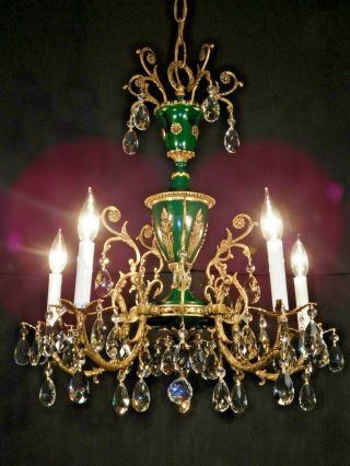 Antique French 5 Lite French Green Empire Brass Cut Lead Crystal Chandelier