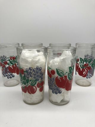Vintage Anchor Hocking Peanut Butter Jar Glasses With Grapes And Cherries Set 6