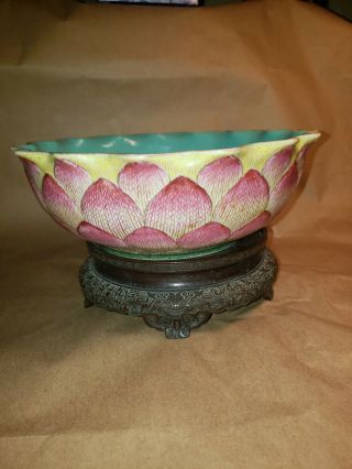 Signed Chinese Famille Rose Porcelain Lotus Bowls Qianlong Mark