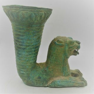 Circa 500 Bce Ancient Persian Bronze Fluted Rhyton With Beast Head