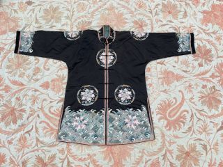 Antique 1920s Chinese Embroidered Silk Jacket Robe Florals Roundels Wheat Lishui