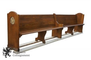 Antique Customizable Oak 11 Foot Church Pews Carved Deacon Hall Bench Reclaimed