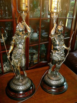 Very Rare Antique Sculpture Table Lamps W Native American Indians
