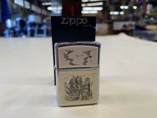 Vintage Zippo Lighter 1986 Scrimshaw Tall Sail Ship & Lighthouse