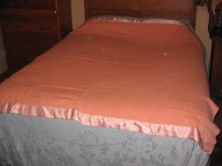 Vintage " Kenwood " Peach Pink Wool Blanket With 2 Sides Binding - 68 " X 74 " - Warm