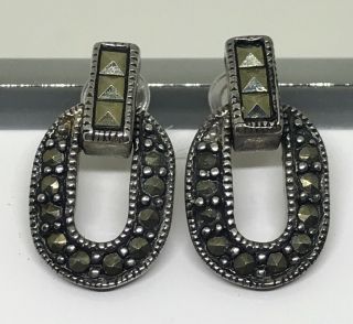 Vintage Sterling Silver & Marcasite Art Deco Pierced Earrings 925 Jewelry Wow