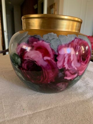 Antique Jardiniere Vase Handpainted Roses Signed Thomas Jorgensen,  Calif.