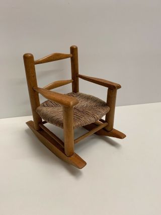 Handmade Vintage Wooden Rocking Chair Doll Bear With Jute Rope Woven Seat