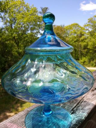 Vintage Empoli Italian Art Glass 9 " Blue Optic Covered Candy Dish Jar Circus