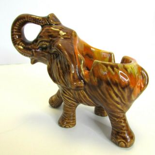 Vintage Ceramic Elephant Ashtray Brown Orange Drip Glaze Mid Century Trunk Up