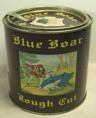 Antique Blue Boar Rough Cut Pipe Tobacco Advertising Tin Cannister 16 Oz.  Can