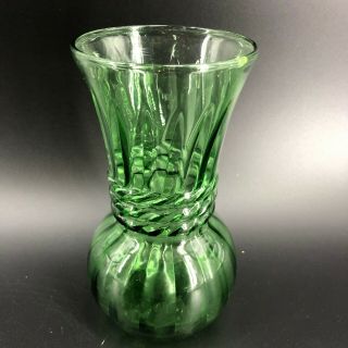 Vintage Clear Green Glass Flower Vase Fluted Top Swirls Flowers Bouquet 6.  5 "