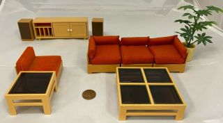 Vtg 11 Pc Set Tomy Dollhouse Furniture Living Room Sectional Coffee Table,