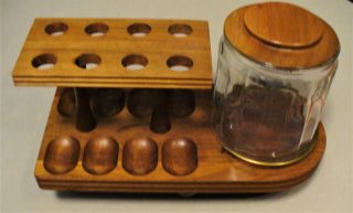 Vtg Decatur Industries Solid Walnut 8 Pipe Stand W/glass Humidor & 3 Pipes