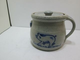 Vintage 8 " Rowe Pottery Salt Glaze Blue Pig Jar Crock W/lid