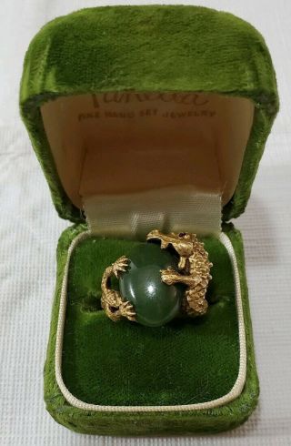 Vintage Victorian Asian 14 K Gold Dragon Ring With Ruby Eyelet And Jade Stone