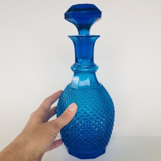 Vintage 1960s Mid Century Modern Blue Art Glass Decanter Bottle Stopper Barware