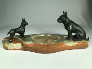 Antique French Bronze Of A French Bulldog And Boston Terrier On Onyx Desk Tray