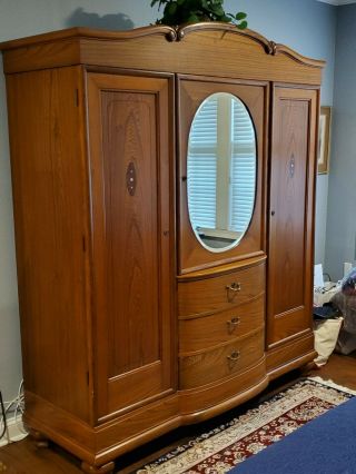 Antique Oak Armoire Walnut Mother Of Pearl Inlay,  Wardrobe W/ Mirror,  Closet