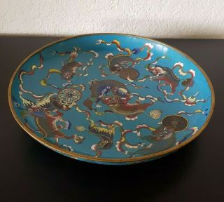 Vintage China Chinese Copper Cloisonne Blue Enamel Foo Dog Lions Plate 11 " Round