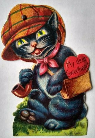 1910 Black Cat W Pipe Vintage Germany Mechanical Stand Up Valentine Day Card