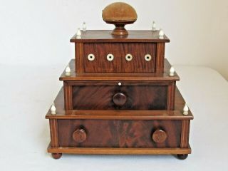 19th C.  Antique 3 Tiered Mahogany Sewing Box Very Fine Quality