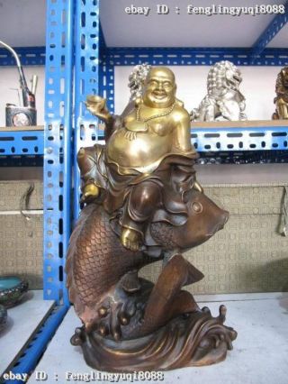 17 " China Classic Bronze Copper Lucky Happy Maitreya Buddha Ride On Fish Statue