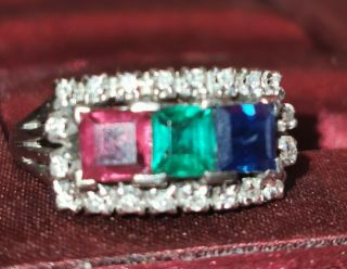 Antique Old Made Carved18k White Gold Diamond Emerald Ruby Sapphire Ring Size M