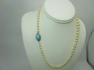 Vintage Antique 18k White Gold Turquoise Diamond Pearl Necklace 19.  5 " 8mm To 5mm