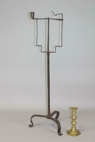 A Very Rare Early 18th C American Wrought Iron Splint Rushlight & Candle Holder