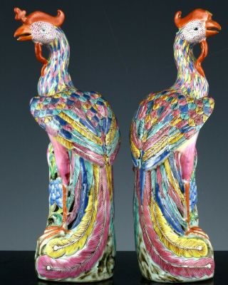 Fine Pair Chinese Republic Famille Rose Enamel Phoenix Bird Porcelain Figures
