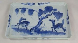 Antique Chinese 19th Century Blue White Porcelain Tea Tray Horses Under Tree