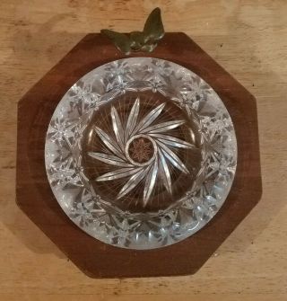 Vintage Crystal Cut Glass Ashtray W/wood Base And Eagle